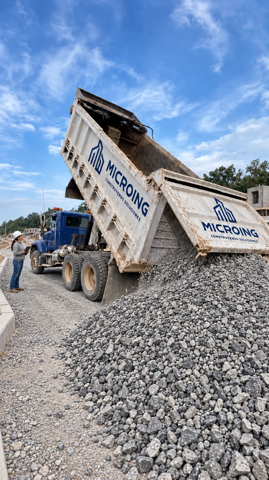 Volquete con marca Microing descargando gravas en obra