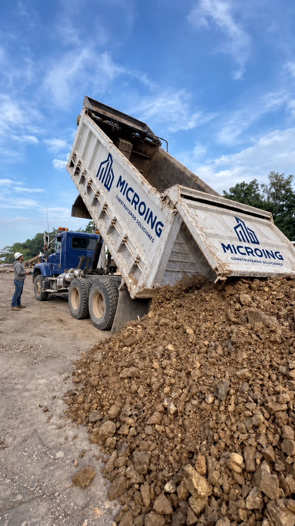 Volquete con marca Microing descargando material de construcción